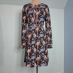 Ann Taylor Loft Snow Bird Floral Print Shirt Dress Size 8 Black Multi Color Folk